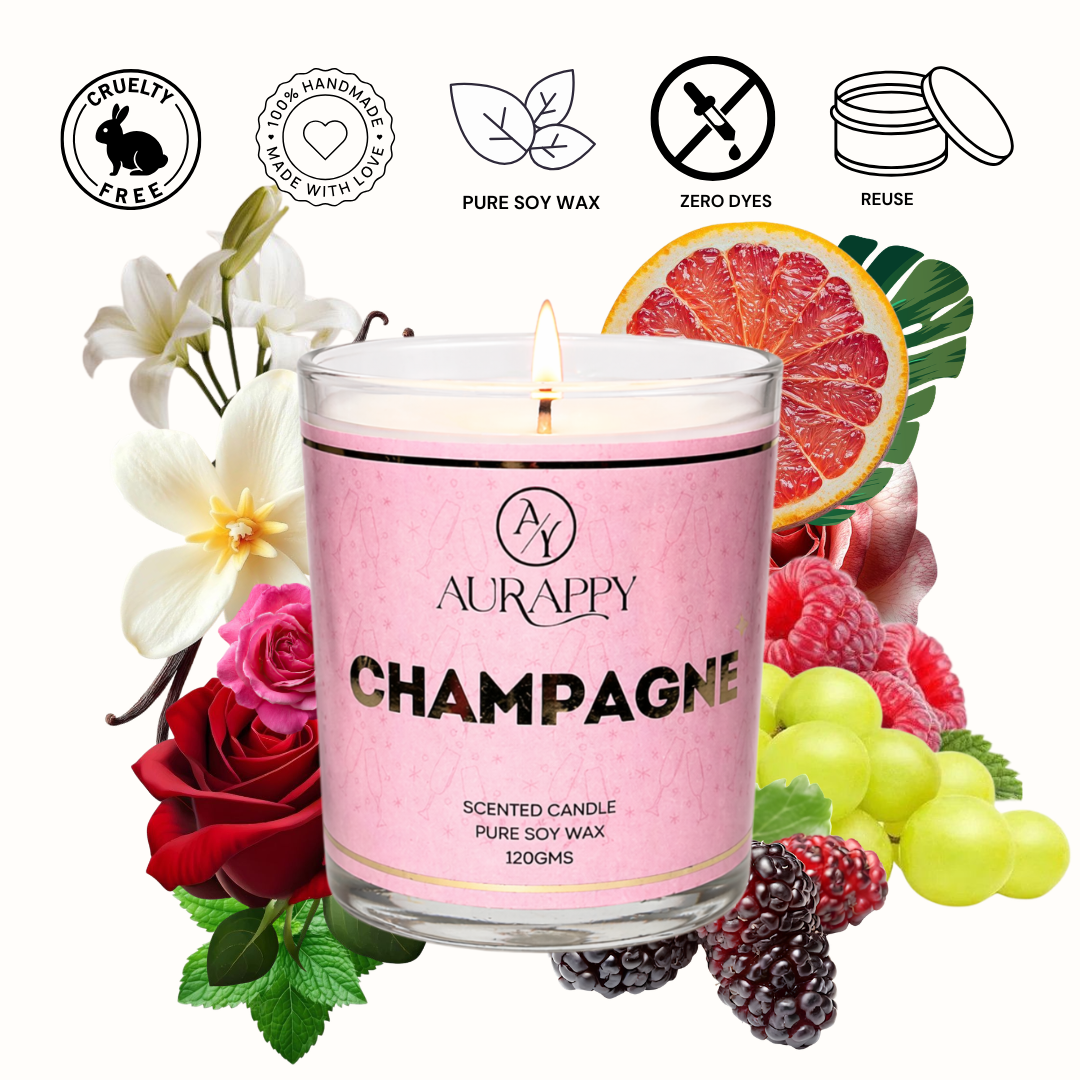Aurappy Champagne scented candle golden jar close-up – soy wax wooden lid detail India