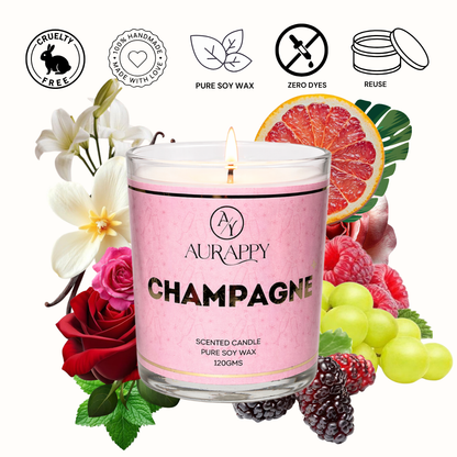 Aurappy Champagne scented candle golden jar close-up – soy wax wooden lid detail India