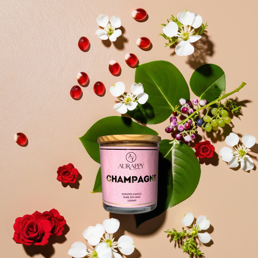 A scented glass candle jar with a wooden lid, labeled 'CHAMPAGNE', surrounded by decorative flowers and petals on a beige background.