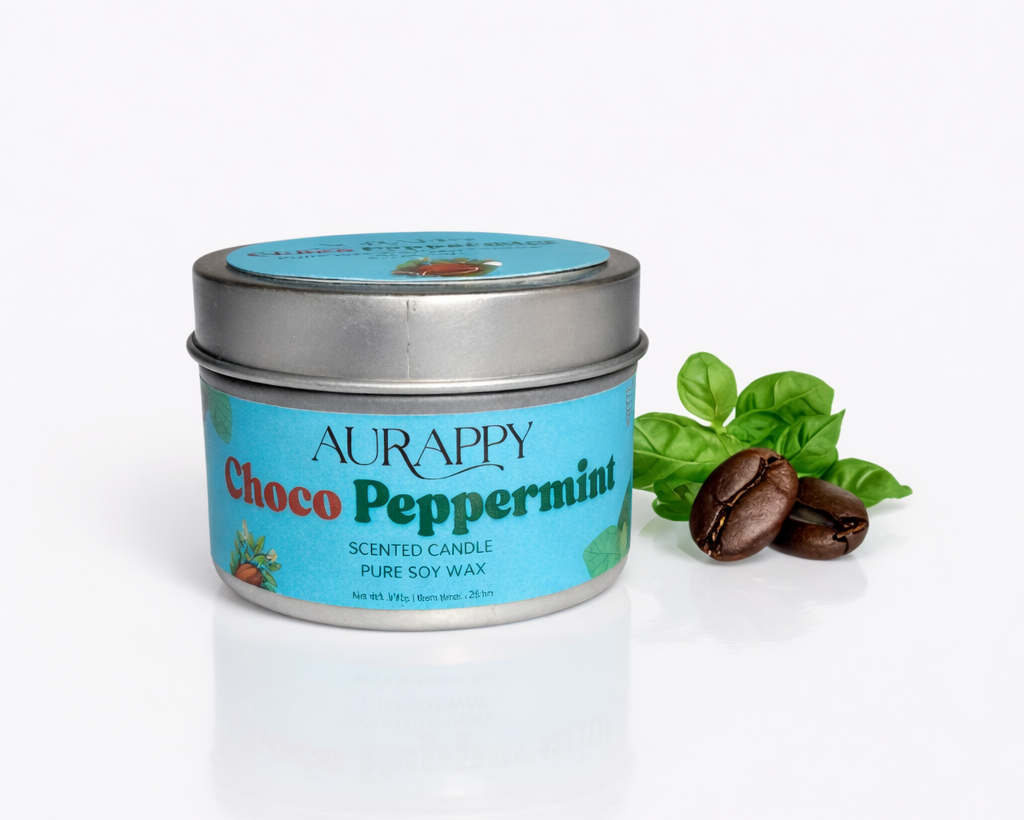Aurappy Choco Peppermint scented candle tin with coffee beans and mint leaves on a white background