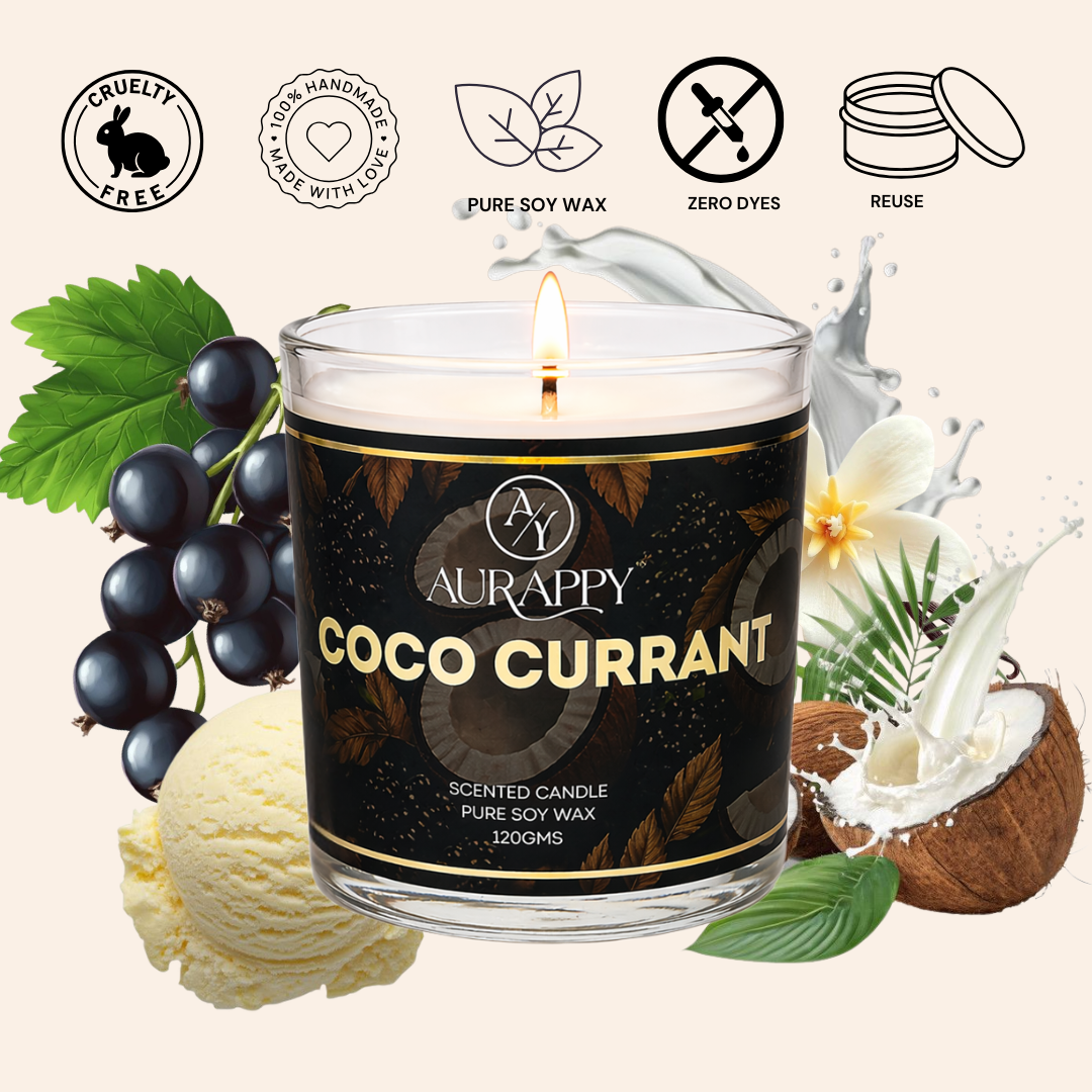 Aurappy Coco Currant soy wax candle glass jar – coconut black currant fragrance gifting India