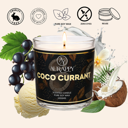 Aurappy Coco Currant soy wax candle glass jar – coconut black currant fragrance gifting India