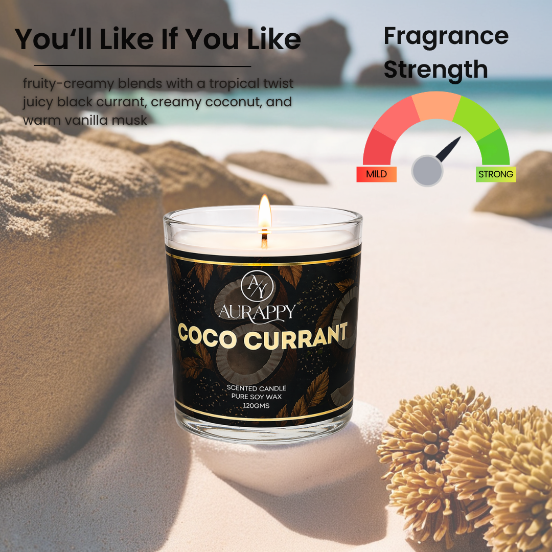 Aurappy Coco Currant candle close-up – pure soy wax 30 hour burn coconut currant India