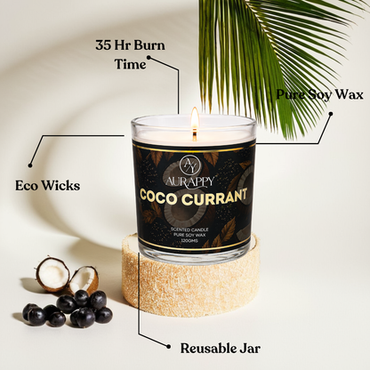 Aurappy Coco Currant scented soy wax candle detail – coconut currant fragrance India