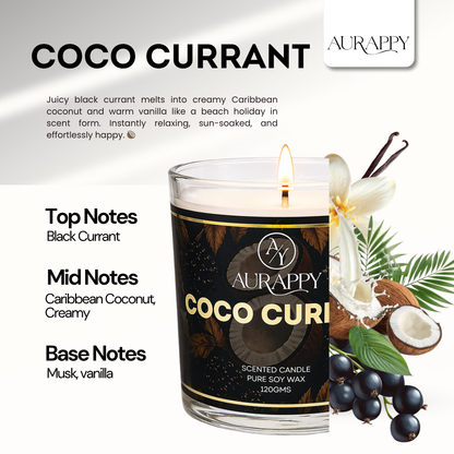 Aurappy Coco Currant candle lifestyle – soy wax tropical coconut fragrance home India