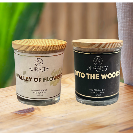 Into the woods & Valley of flowers pure Soy Wax Scented Candles Jar Set Of 2