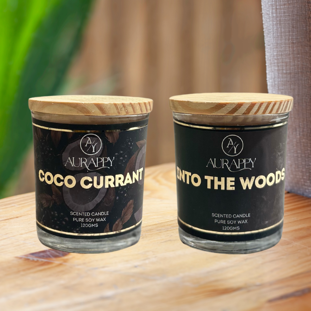 Coco currant & Into the woods pure Soy Wax Scented Candles Jar Set Of 2