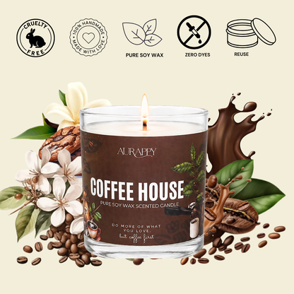 Aurappy Coffee House candle in warm setting – soy wax rich coffee aroma morning ritual India