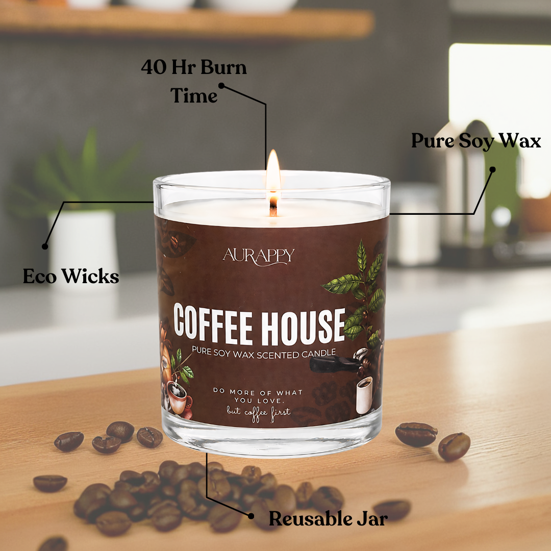Aurappy Coffee House candle close-up – glass jar wooden lid coffee fragrance detail India