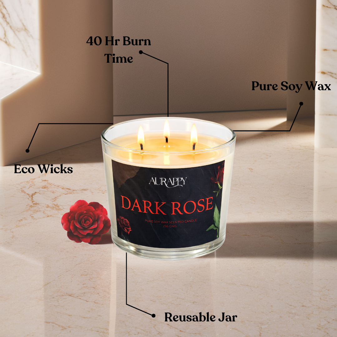 Aurappy Dark Rose candle alternate view – natural soy wax premium rose aroma India