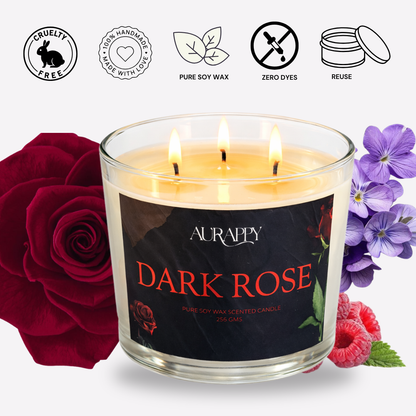 Aurappy Dark Rose 3-wick candle close-up – bold rose soy wax fragrance detail India