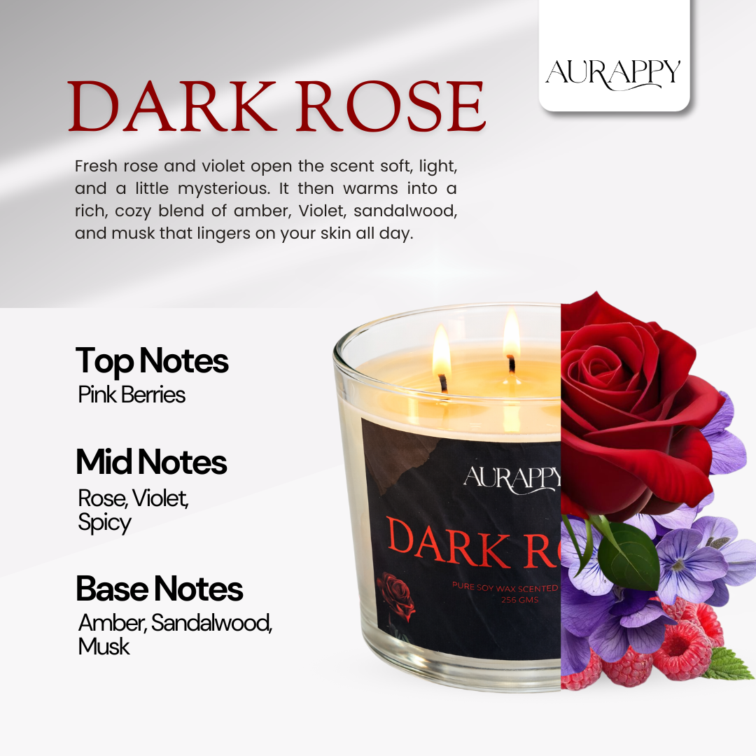 Aurappy Dark Rose 3-wick candle top view – dark floral soy wax fragrance India
