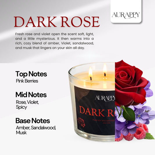 Aurappy Dark Rose 3-wick candle top view – dark floral soy wax fragrance India
