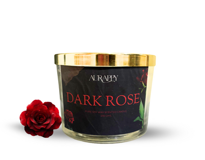 Aurappy Dark Rose candle with a red rose on a white background