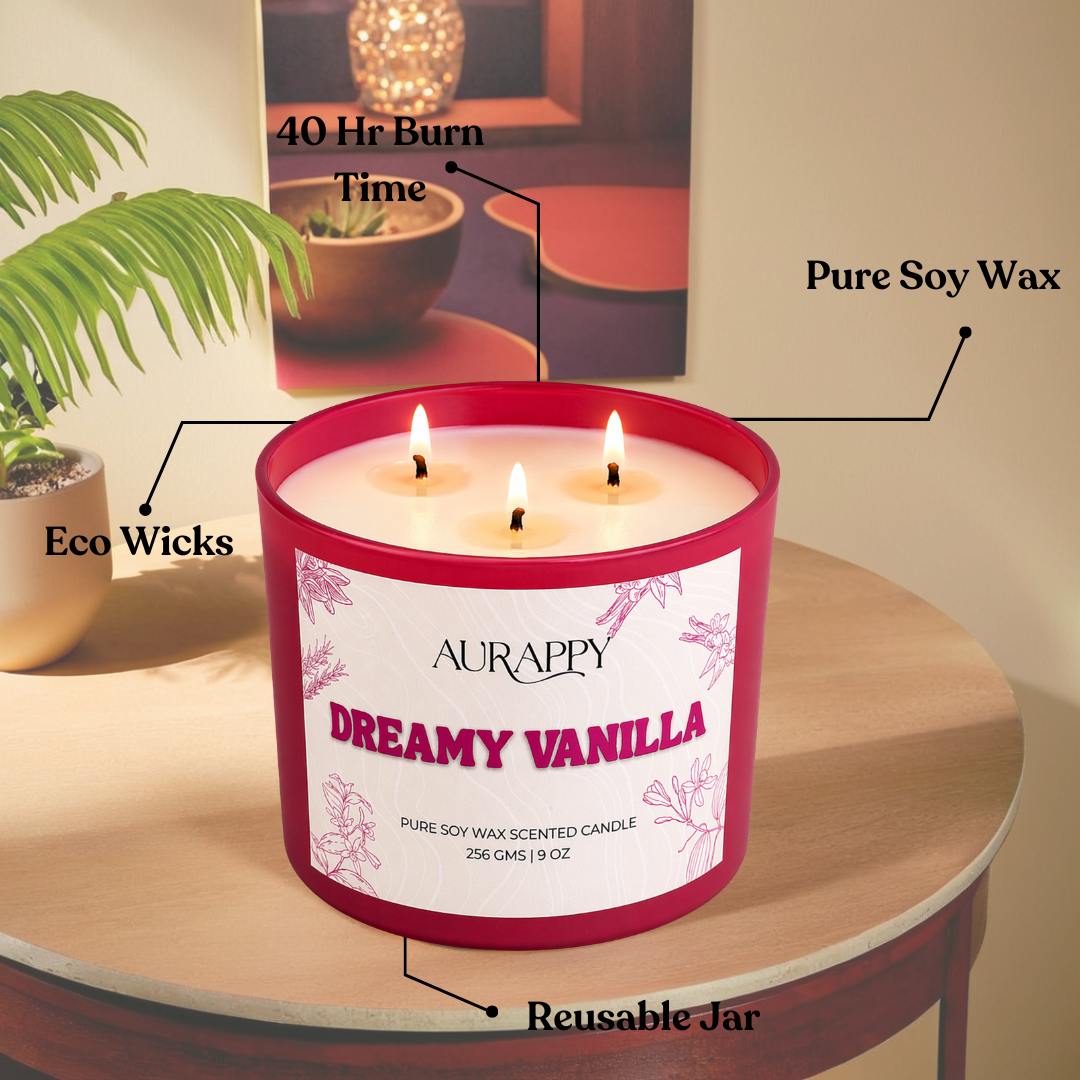 Aurappy Dreamy Vanilla scented candle alternate view – natural soy wax comforting aroma India