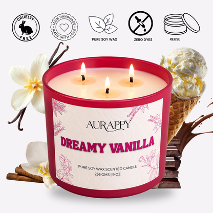 Aurappy Dreamy Vanilla candle lifestyle – warm soy wax vanilla fragrance home India