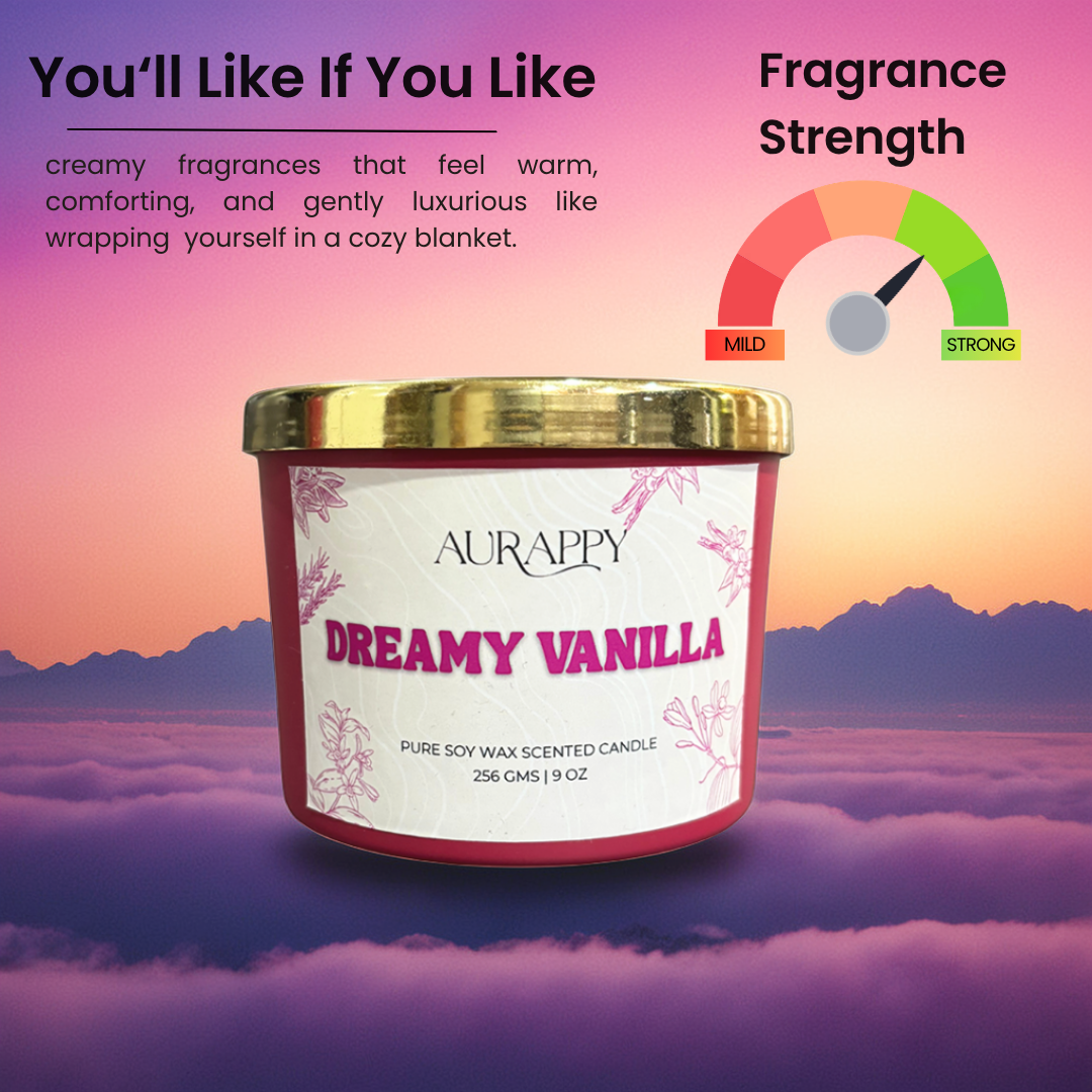 Aurappy Dreamy Vanilla 3-wick candle top view – premium vanilla soy wax fragrance India