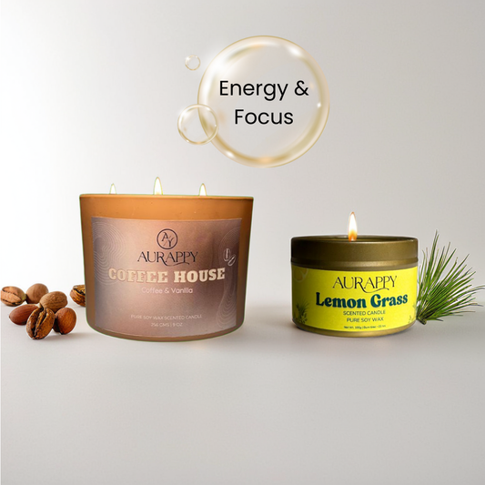 Two Aurappy candles, one labeled 'Coffee House' and the other 'Lemon Grass', with a cup icon and text 'Energy & Focus' on a light gray background.