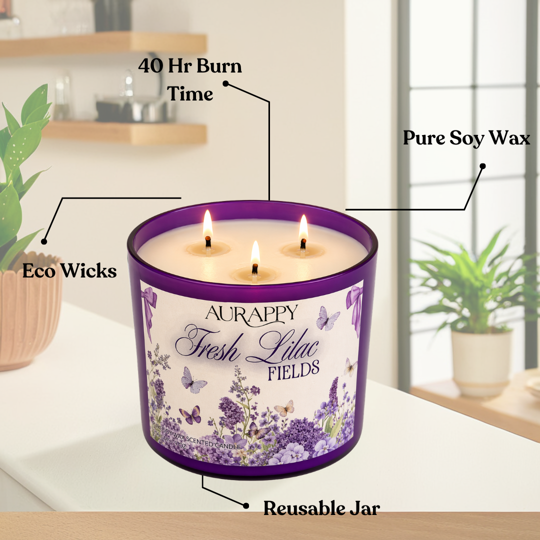 Aurappy Fresh Lilac Fields scented candle glass jar – pure soy wax gifting India