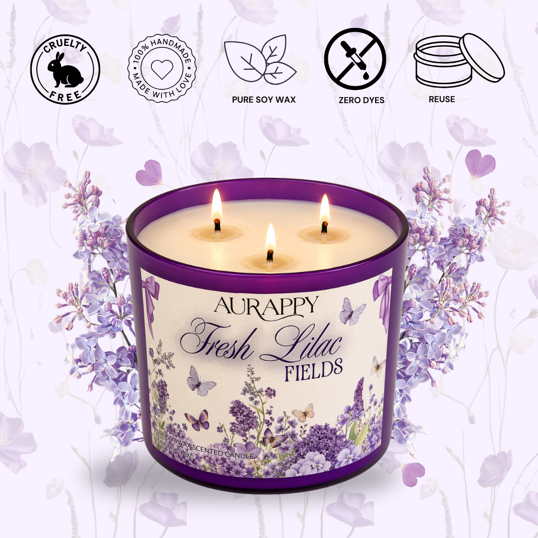 Aurappy Fresh Lilac Fields 3-wick candle alternate view – fresh floral soy wax fragrance India