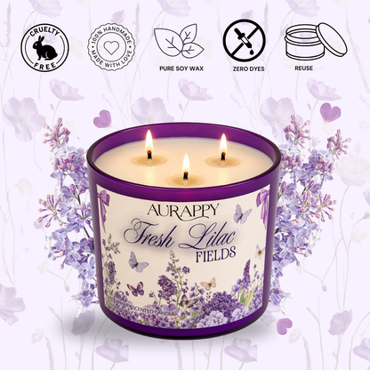 Aurappy Fresh Lilac Fields 3-wick candle alternate view – fresh floral soy wax fragrance India
