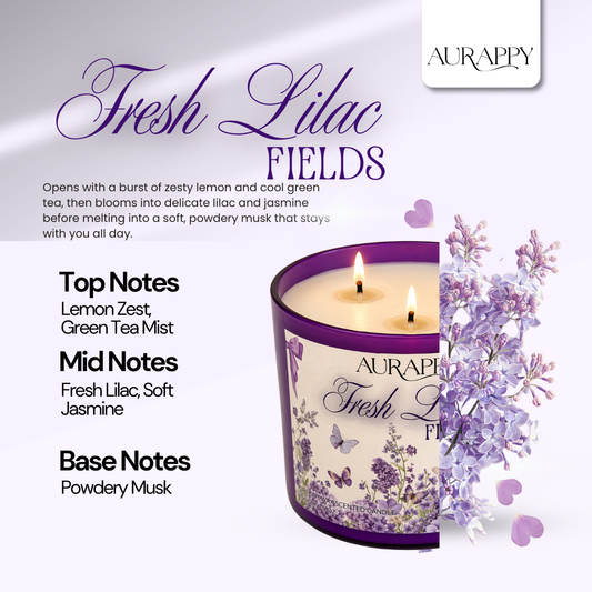 Aurappy Fresh Lilac Fields candle close-up – soy wax floral lilac fragrance India