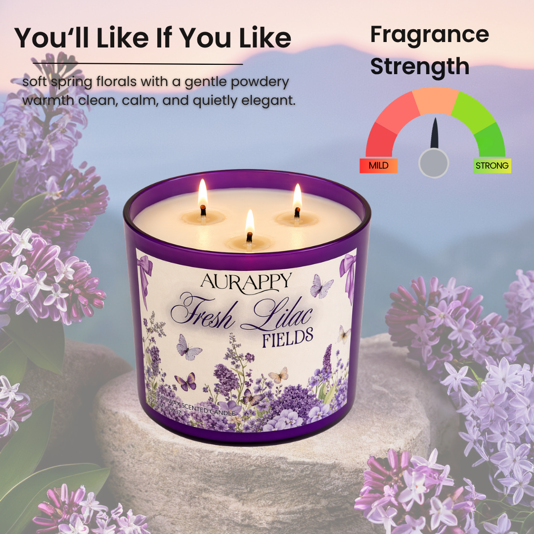 Aurappy Fresh Lilac Fields candle top view – natural soy wax floral fragrance India