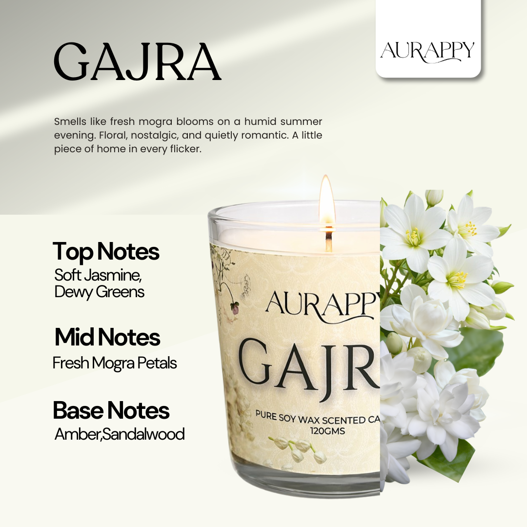 Aurappy Gajra soy wax candle glass jar – Indian jasmine floral fragrance pooja gifting India