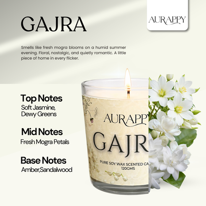 Aurappy Gajra soy wax candle glass jar – Indian jasmine floral fragrance pooja gifting India