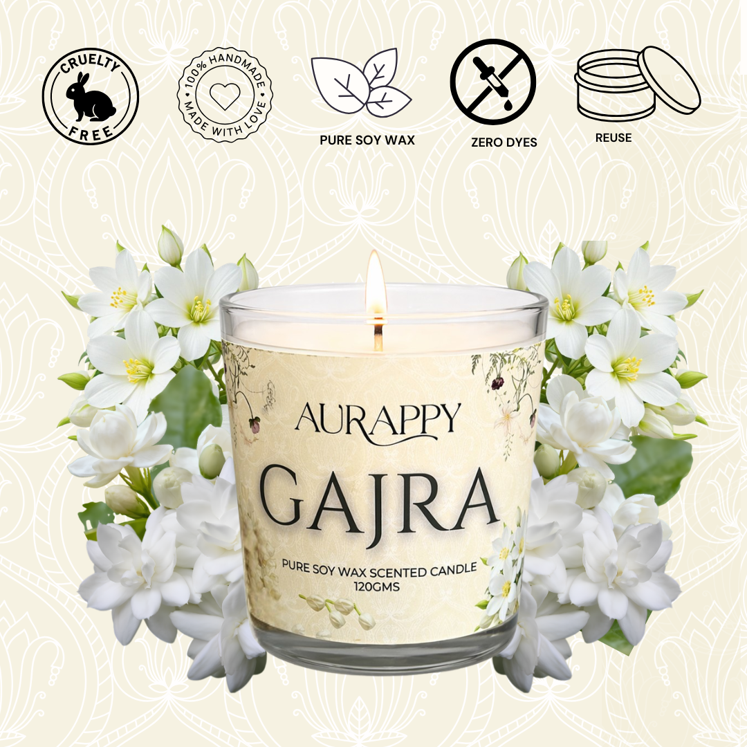 Aurappy Gajra scented soy wax candle detail – Indian jasmine fragrance close-up India