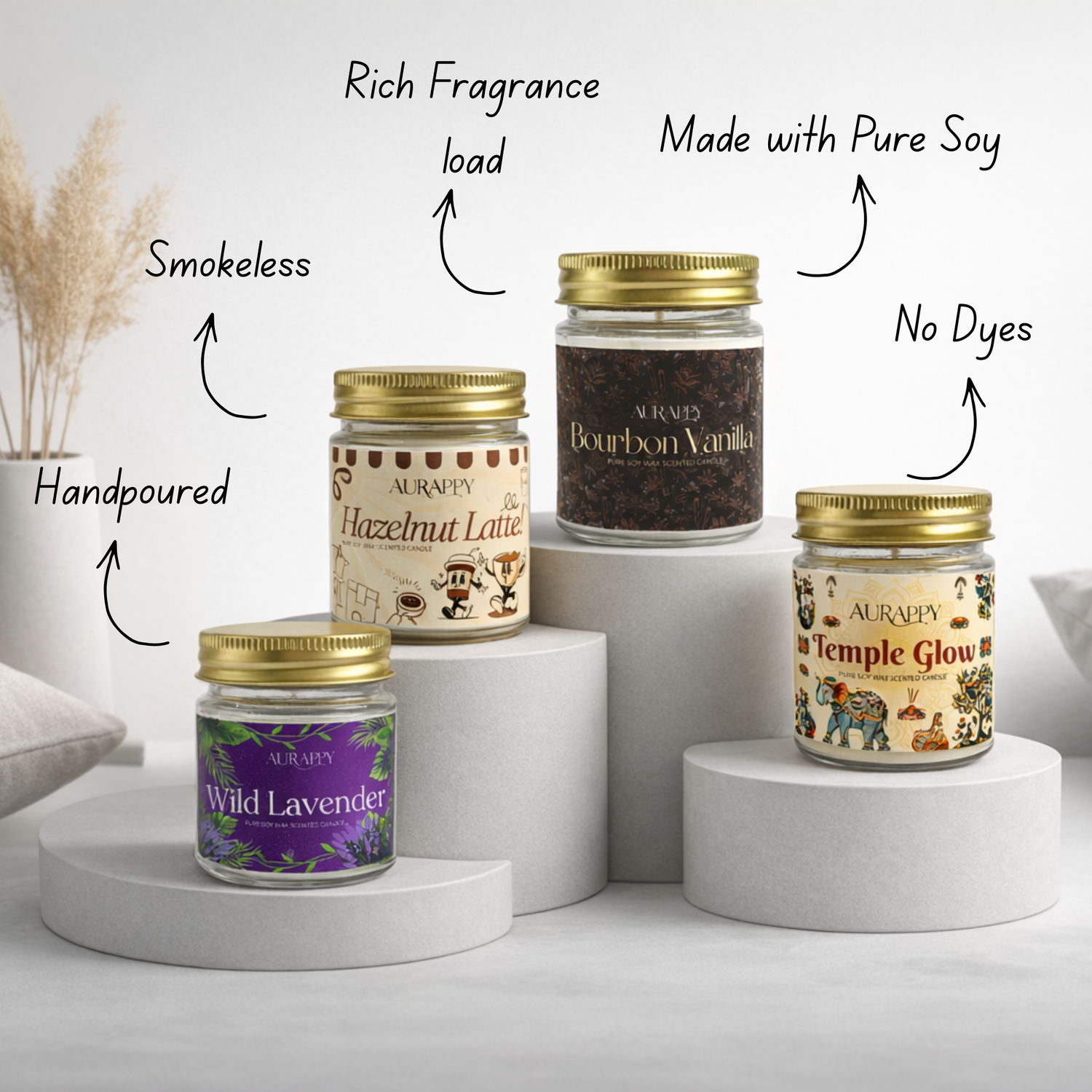 Aurappy scented candle set of 4 – premium gift packaging ribbon India