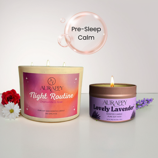 Two Aurappy candles, one labeled 'Night Routine' and the other 'Lovely Lavender', on a light background with flowers and bubble displaying pre sleep calm