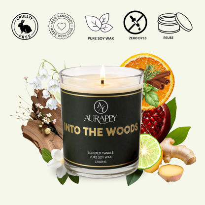 Aurappy Into the Woods soy wax candle glass jar – earthy forest fragrance gifting India