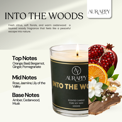 Aurappy Into the Woods candle on wood surface – soy wax earthy forest fragrance home India