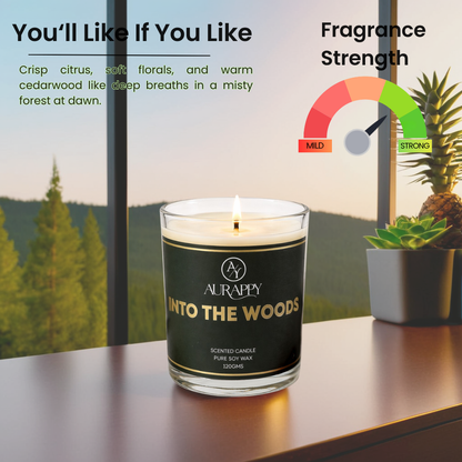 Aurappy Into the Woods scented candle detail – premium soy wax forest fragrance close-up India