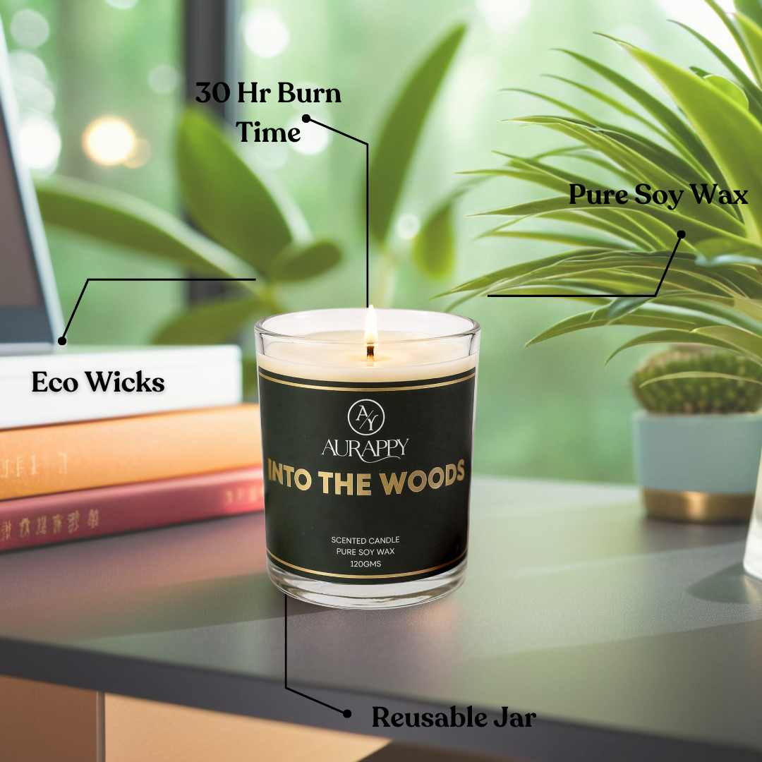 Aurappy Into the Woods candle alternate view – natural soy wax clean burn forest fragrance India