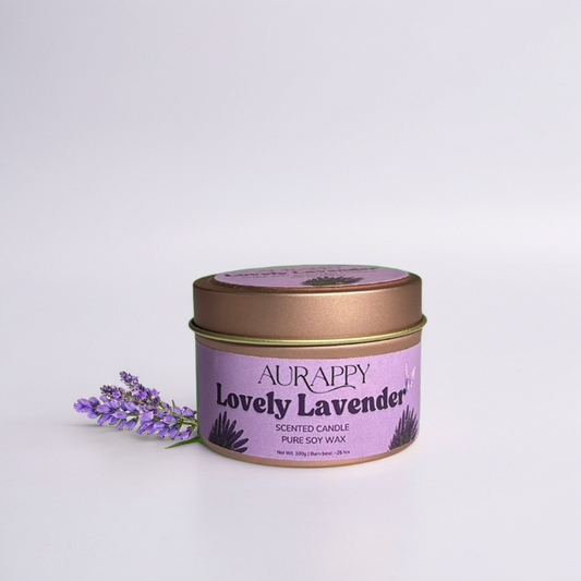 Aurappy Lovely Lavender scented candle in a purple tin with lavender spring on a light gray background