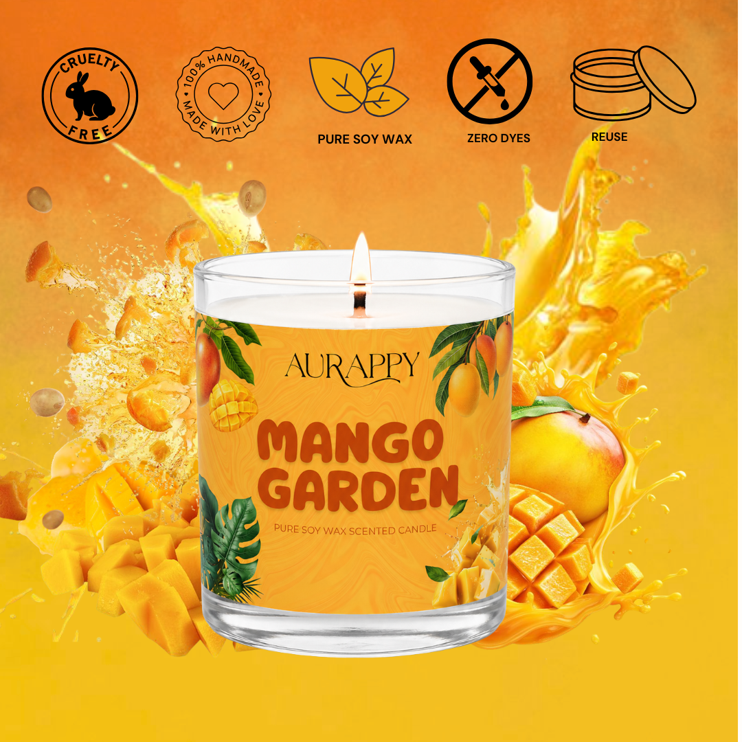 Aurappy Mango Garden scented candle lifestyle – fresh mango aroma soy wax home India