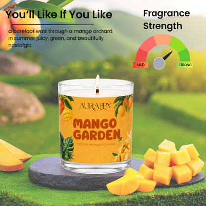 Aurappy Mango Garden soy wax candle alternate view – tropical mango fragrance close-up India