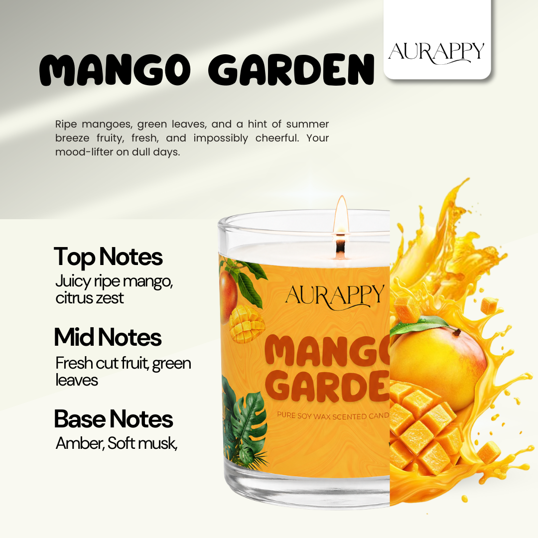 Aurappy Mango Garden candle close-up – soy wax tropical mango fragrance detail India
