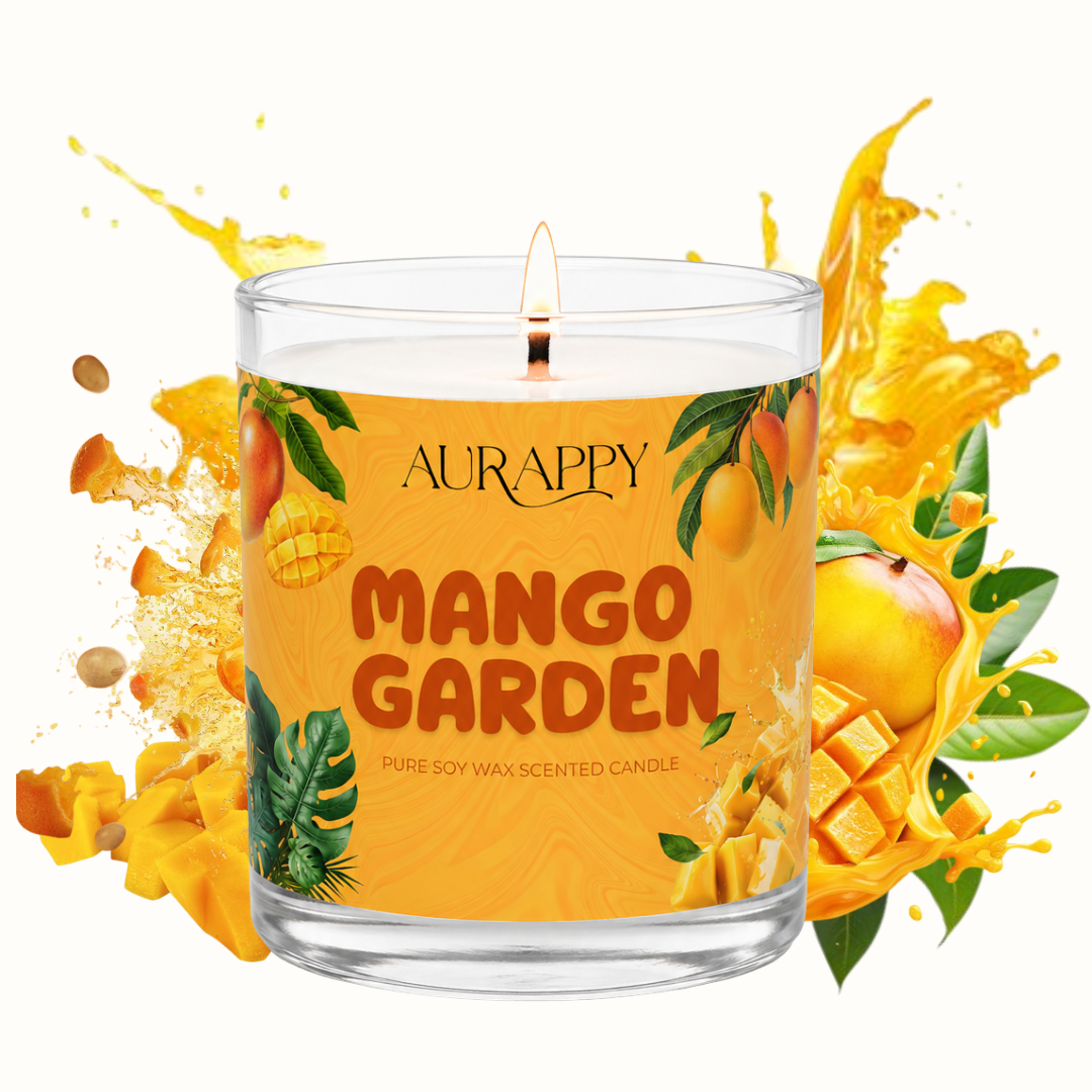 Aurappy Mango Garden soy wax scented candle 150g – tropical mango fragrance 30 hour burn India