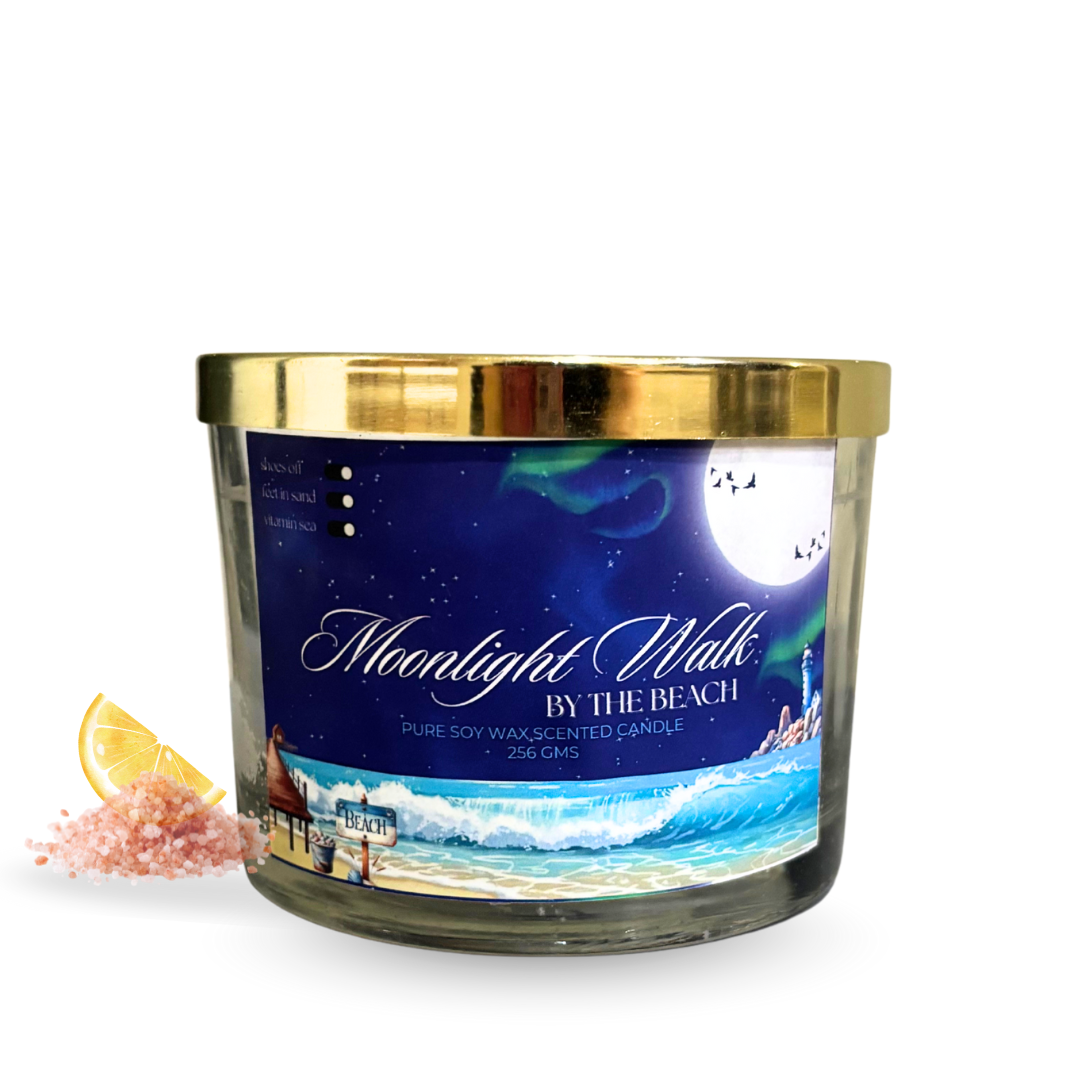 Candle with 'Moonlight Walk by the Beach' label on a white background