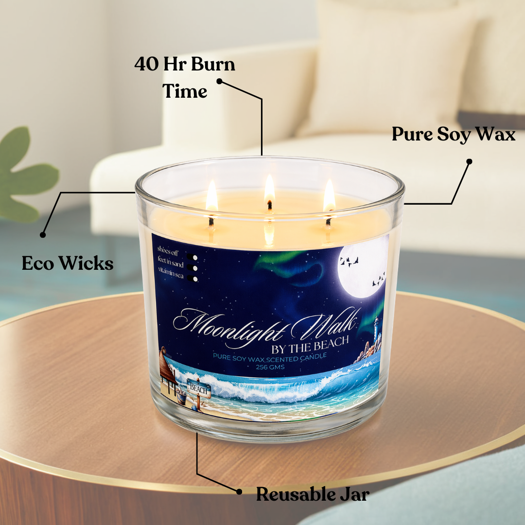 Aurappy Moonlight Walk scented candle glass jar – soy wax moonlit beach fragrance India