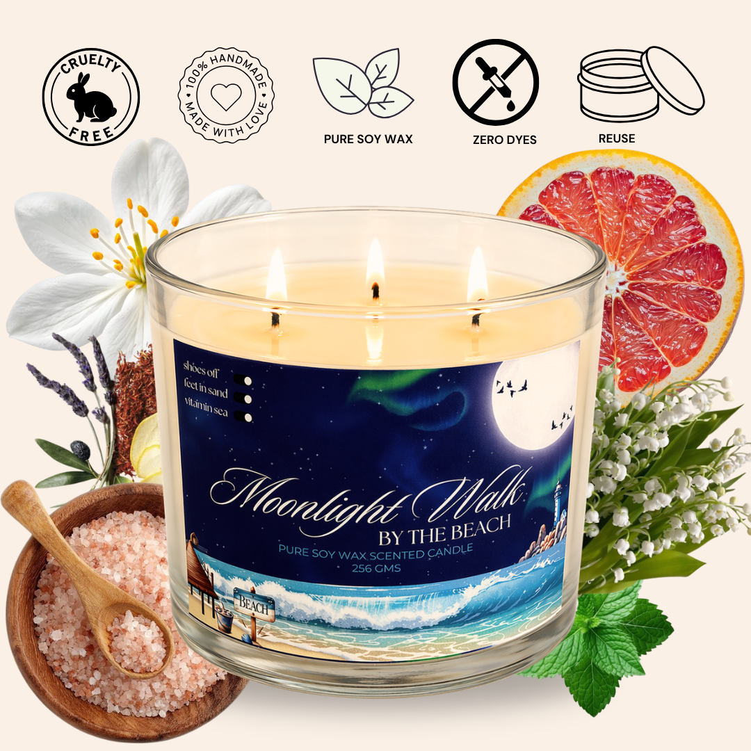 Aurappy Moonlight Walk 3-wick candle alternate view – ocean breeze soy wax fragrance India