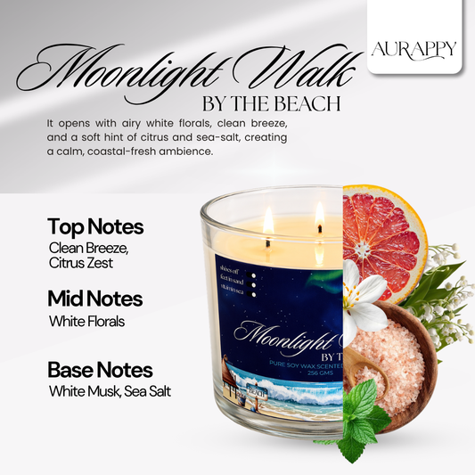 Aurappy Moonlight Walk candle close-up – soy wax beachy sea breeze fragrance India