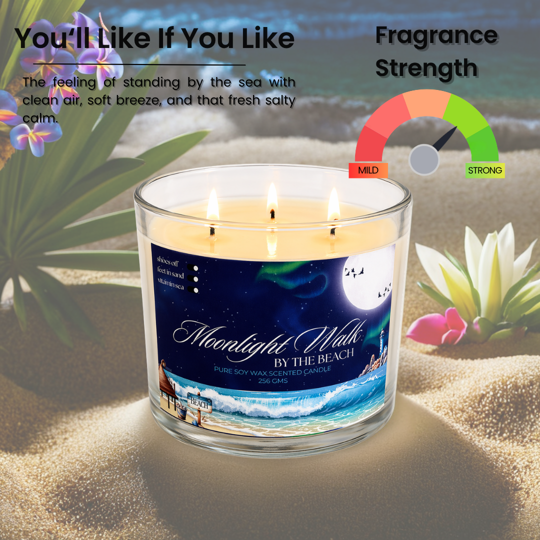 Aurappy Moonlight Walk candle top view – premium soy wax beach fragrance India