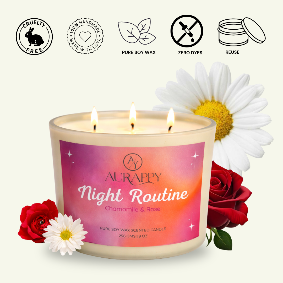 Aurappy Night Routine 3-wick soy candle unlit – lavender chamomile bedtime fragrance India