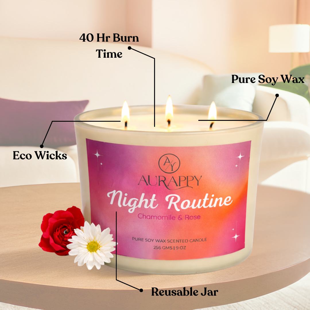 Aurappy Night Routine 3-wick candle close-up – premium soy wax 3 cotton wicks detail India