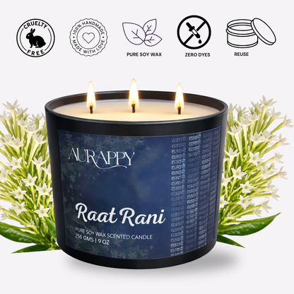 Aurappy Raatrani 3-wick candle glass jar – raat ki rani fragrance gifting India