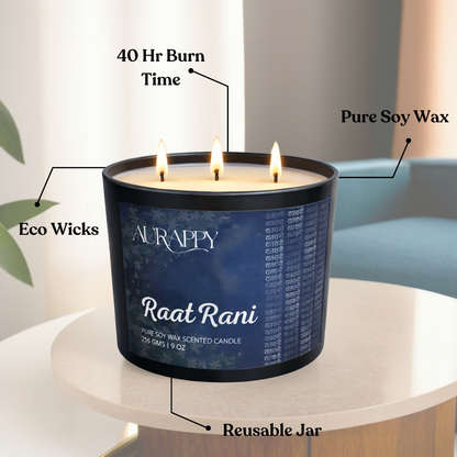 Aurappy Raatrani candle alternate view – natural soy wax raat ki rani fragrance India